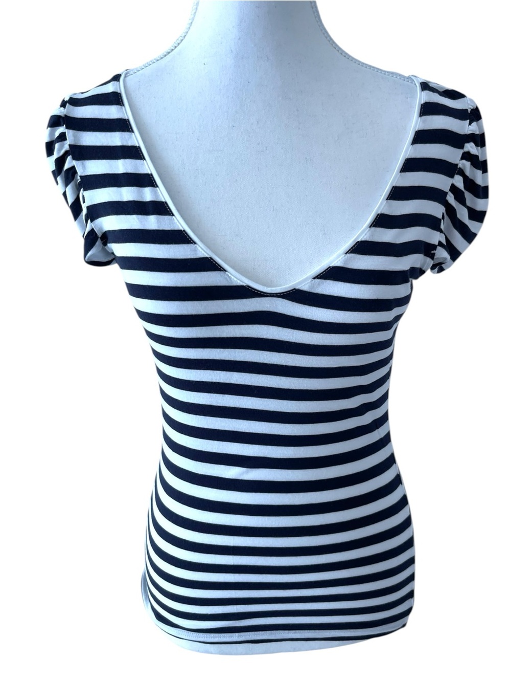 H&M Navy & White Striped V-Neck Short Sleeve Tee Size XS